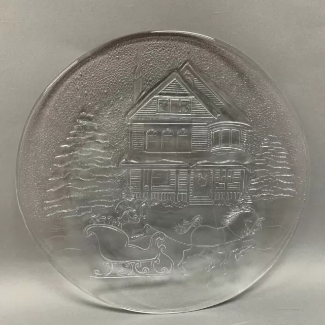 Clear Glass Decorative Chop Serving Platter Plate Christmas Holiday Horse Sleigh