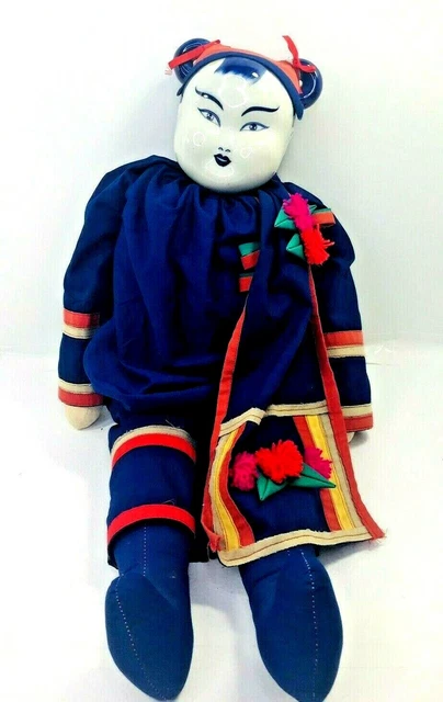 Vintage Asian Porcelain Head Doll Cloth Body 24" Collectible