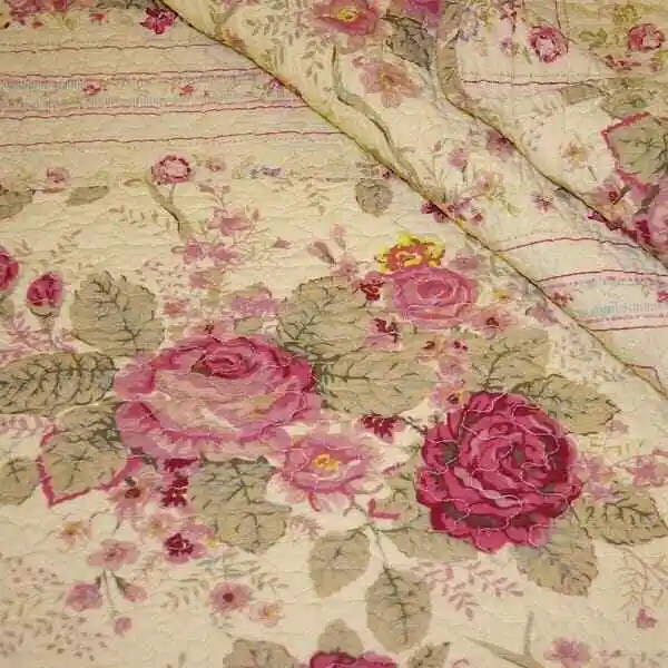 Beautiful Vintage Chic Shabby Ivory Pink Red Green Yellow Rose Leaf Quilt Set