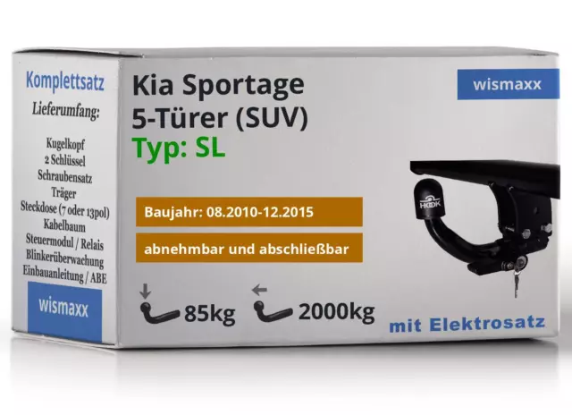 ANHÄNGERKUPPLUNG für Kia Sportage 10-15 abnehmbar HOOK +13pol E-Satz SPEZ