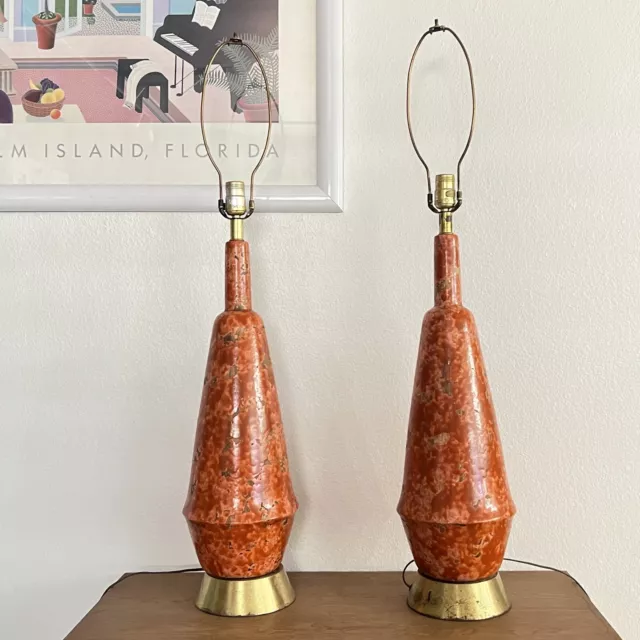 Vintage Mid Century Table Lamps Orange Crackle Glaze MCM Danish Modern Ceramic