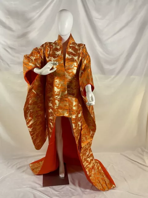 Vintage 1960's Wedding Kimono Uchikake Orange/Gold Crane Motif w/ Padded Hem