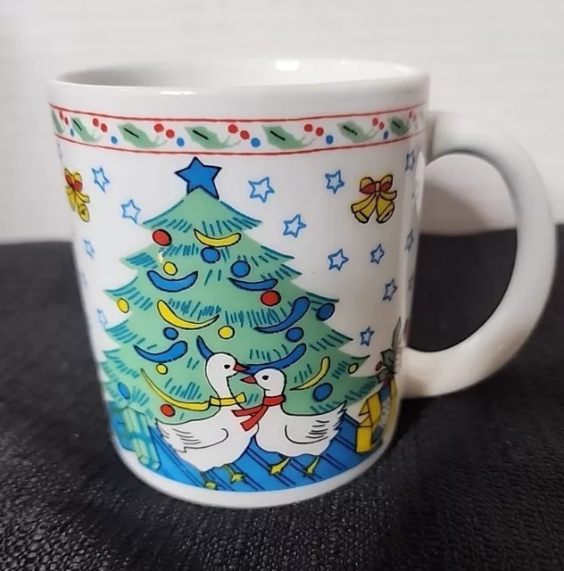 Vintage Christmas Coffee Cocoa Mug Cute Christmas Tree Geese Stars