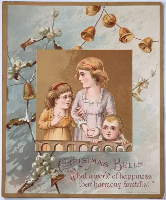 1880s? Antique Victorian Christmas Card Children Girls & Boy Bells Prang LARGE