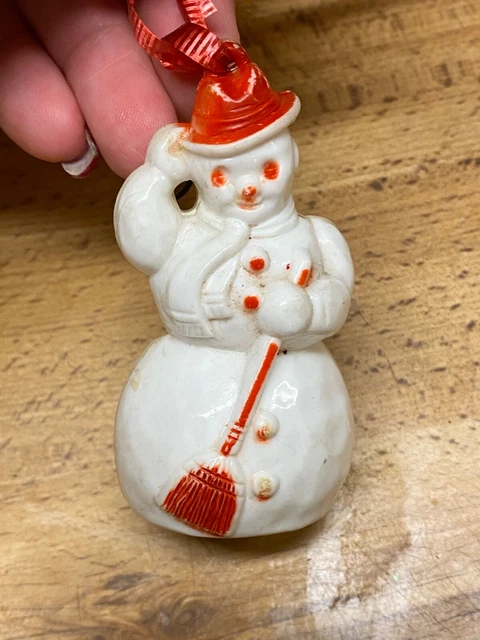 Vintage Plastic Snowman Christmas Ornament Holding Broom Red hat 3"