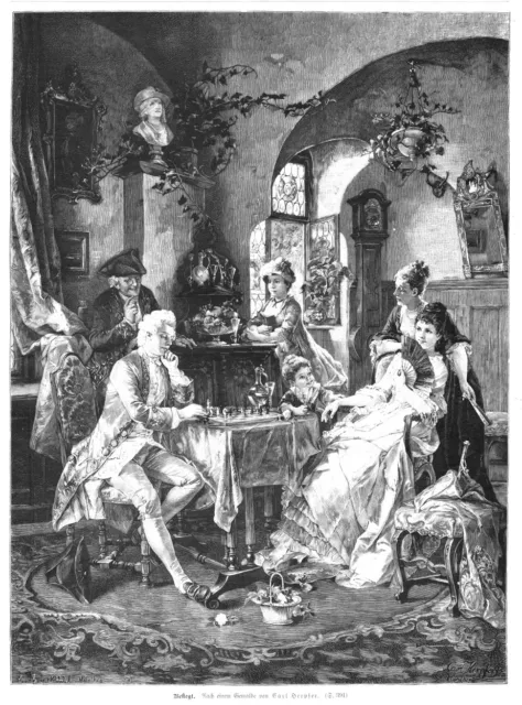 Schach, Mann, Frau, "Besiegt!", Original-Holzstich von 1885