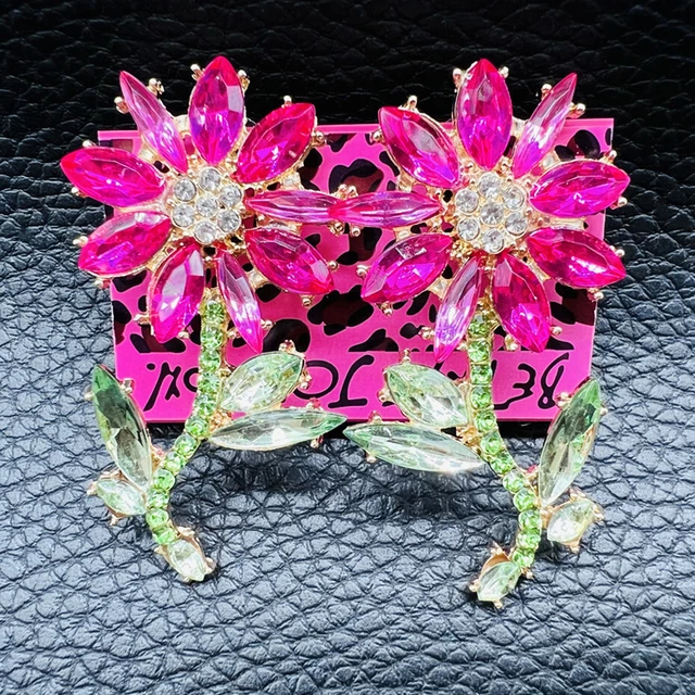 Betsey Johnson Pink Crystal Rhinestone Sunflower Flower Woman Stud Earrings Gift
