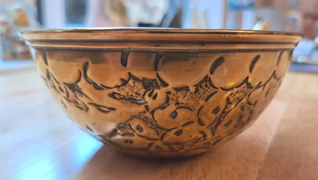 19th Century Brass Bowl,  Intricate Embossed Design, Collectable 95g, 13cm x 6cm