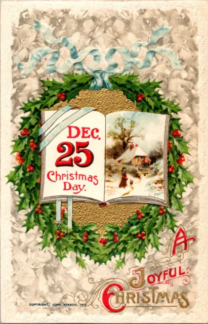Winsch Christmas Postcard Antique English Manor Book Holly Wreath Joyful