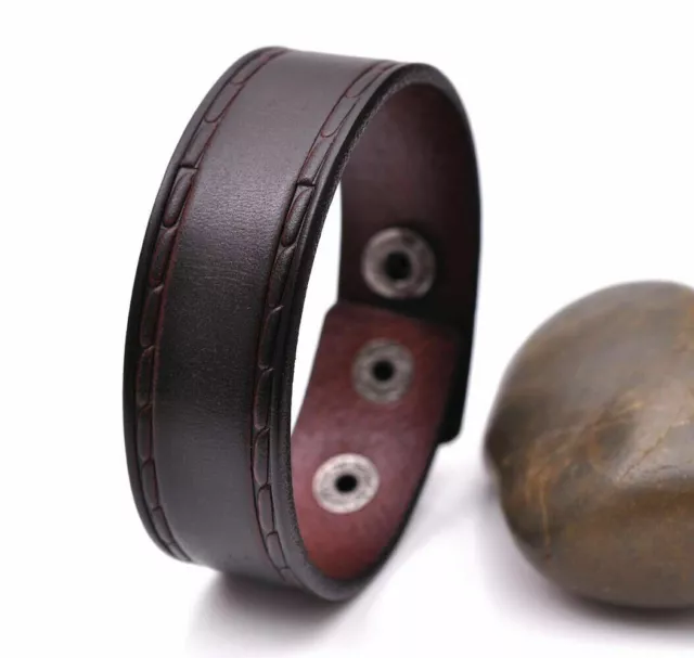 G91 Brown Embossing Cool Genuine Leather Bracelet Wrap Cuff Wristband Men's