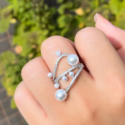 Adjustable Geometric Line Silver Plated White CZ Engagement Pearl Ring for Women
