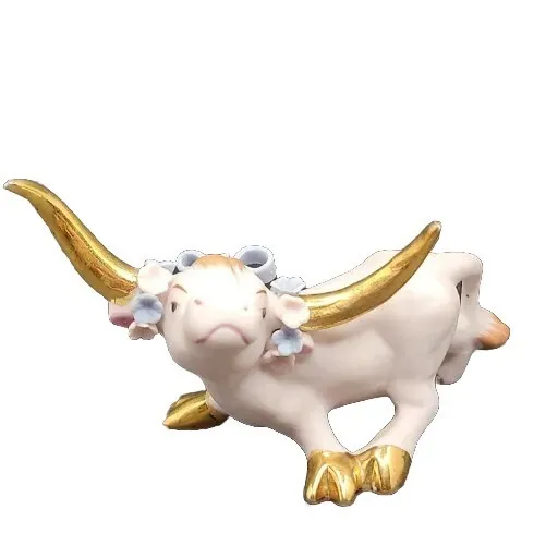 Cow figurine pink Gold Horns Porcelain Vintage Japan MCM Steer Bull Flowers