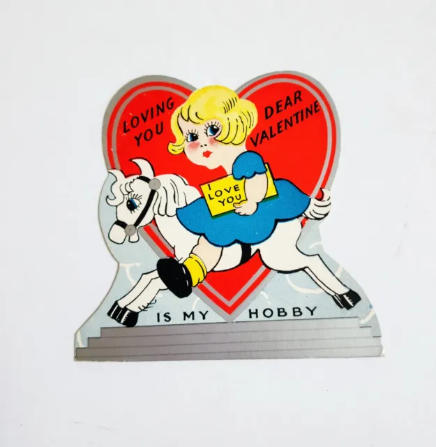 Vintage Die Cut Childs Valentines Day Card Girl Riding Pony Horse Themed 1950s 3