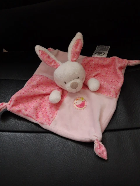 Mots d'enfants doudou lapin plat carré rose  blanc pois oiseau