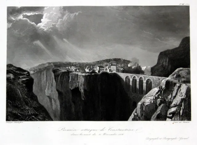 1840 Constantine Argelia Aspecto Vue Estampe Grabado de Acero Antiguo Print