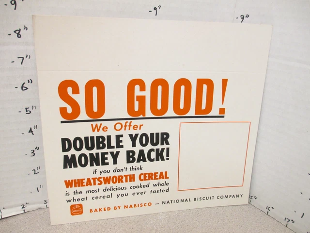NABISCO 1940s grocery store display shelf sign WHEATSWORTH cereal box SO GOOD