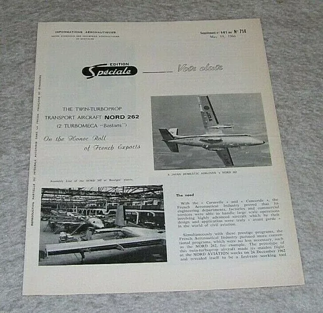 Nord 262 Twin Turboprop Transport Aircraft Informations Aeronautiques May 1966