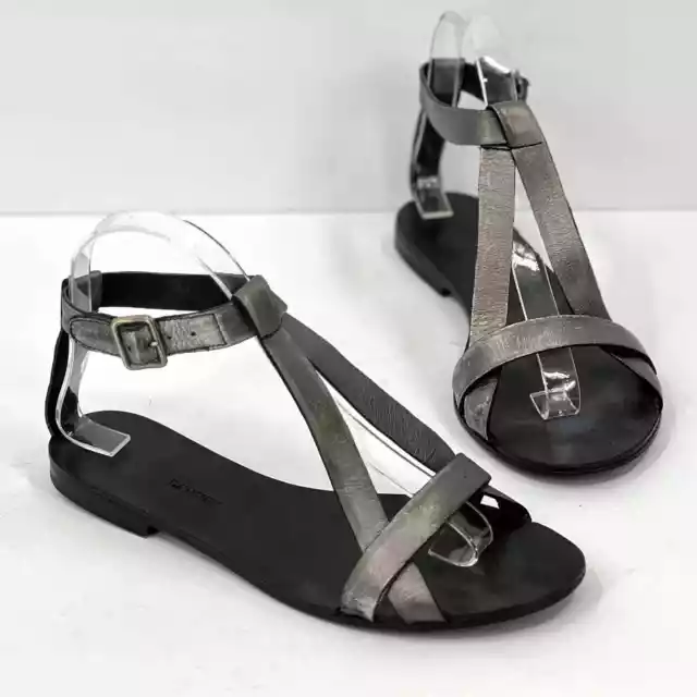 LANVIN Shoes Womens 38 Black Pewter Strappy Leather Flat Sandals Metallic