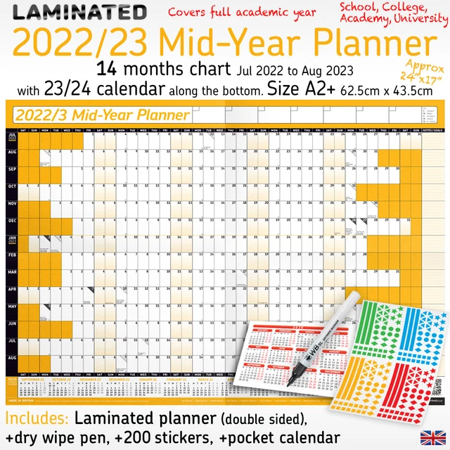 MIDYEAR WALL PLANNER LAMINATED 2022/2023 Calendar Yearly Chart
