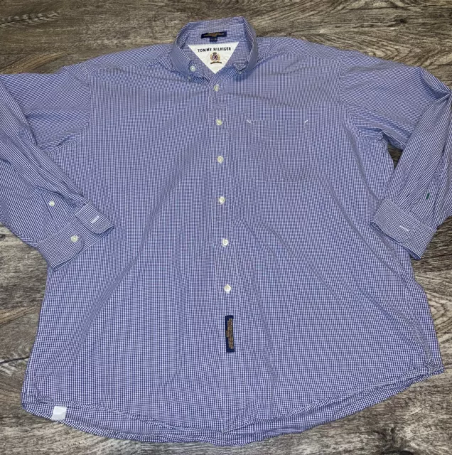 Tommy Hilfiger VTG 90s Button Down Shirt Blue Striped Long Sleeve Size 17”-34