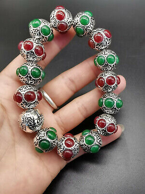 China old Tibet silver carving Tibetan silver inlaid red Green jade bracelet