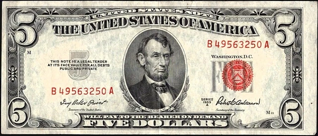 US Currency 1953 A United States Note $5 Red Seal FR 1533 Crisp AU