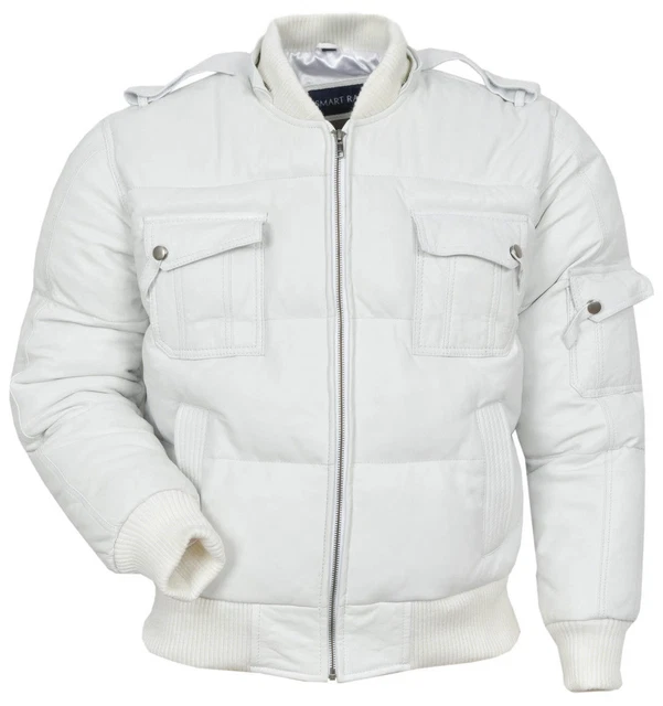 PILOT PUFFER Men's White Hooded Bomber Premium Italian Quilted Leather Jacket