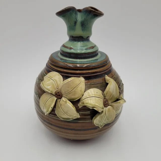 Turned Pottery Double Bud Vase Flower Pot Vessel/Applied Majolica? Flower Signed