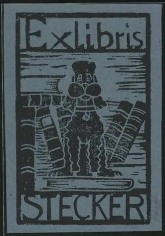 Exlibris von Peter Ernst für Stecker, Skulptur im Bücherregal