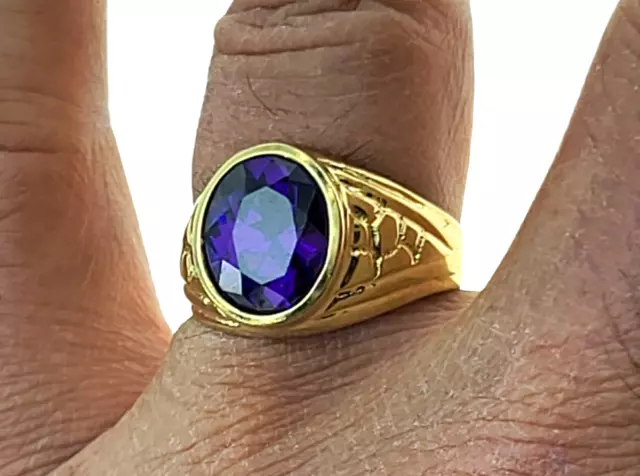 New Purple Oval CZ Stone Solid Real 14k Yellow Gold Men Ring 5.9 Gr Size 10