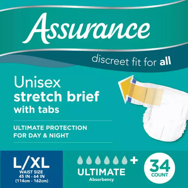 EQUATE ASSURANCE STRETCH Briefs With Tabs 32 Ct. Unisex L/XL