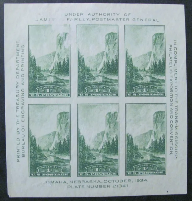US #751 1934 National Parks Souvenir Sheet, Mint,Thin on Face,No Gum As Issued