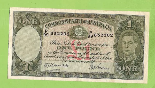 #D352.  1942  Wwii  Type Australian One Pound £1  Banknote P99 832202