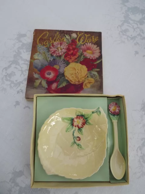 Vintage Carlton Ware Original Boxed Wild Rose Yellow Jam Dish & spoon