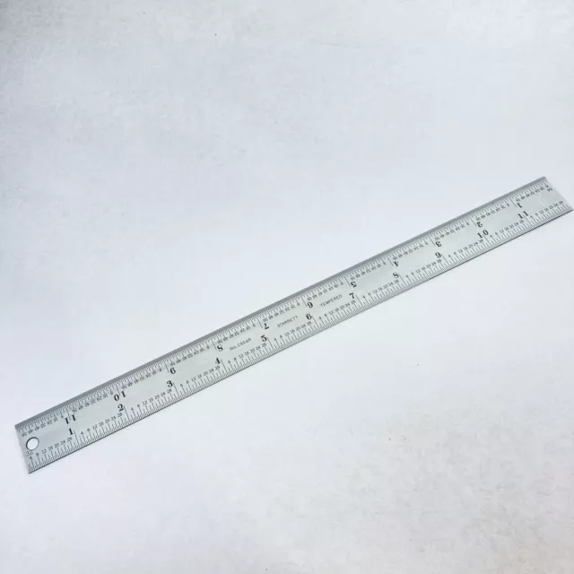 STARRETT C604R-12 12" Steel Rule, Spring Tempered 4R Grad w/Hole for Hook