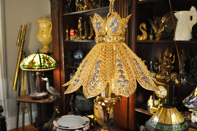 Vintage 1967 Gold Filigree Moroccan Boho Jeweled Hanging Lamp Plug In No Wiring
