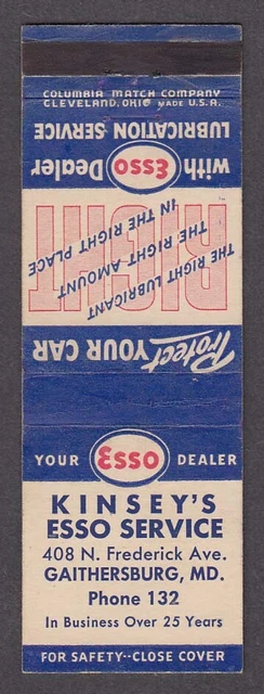 Kinsey's Esso Service 408 N Frederick Ave Gaithersburg MD matchcover