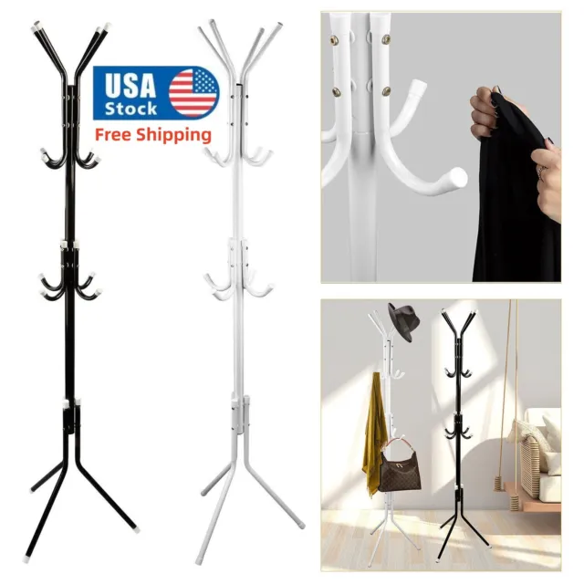 12 Hooks Coat Rack Hat Stand Tree Clothes Hanger Umbrella Holder Metal Organizer