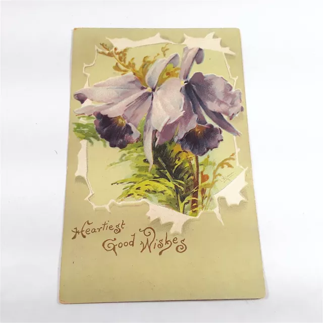 Purple Orchids -Heartiest Good Wishes- Lightly Embossed Postcard Posted 1907