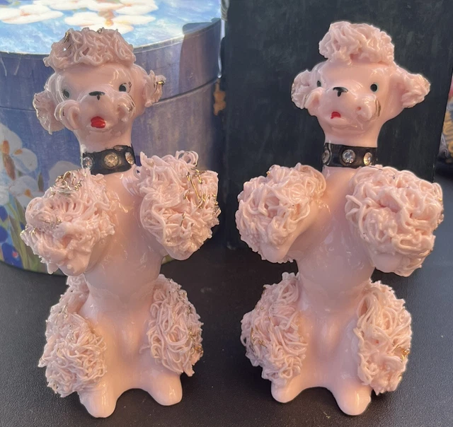 Vintage 1950s Set of 2 Fontanini, Pink Spaghetti Poodles Wearing Gem Collars