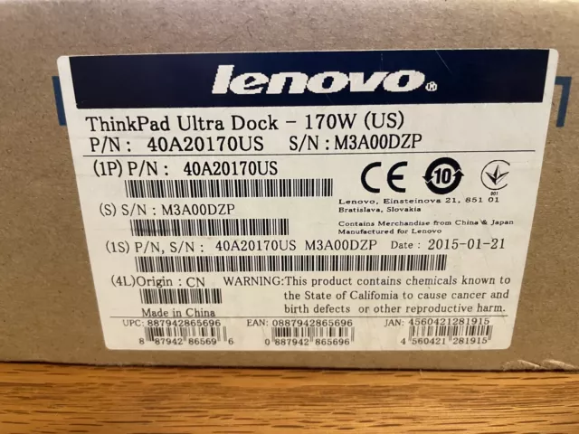 New in Box, Lenovo 40A2 ThinkPad Ultra Docking Station, 170W, 40A20170US - Black