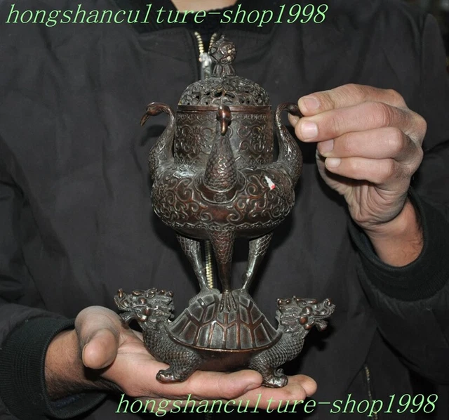 ANCIENT CHINESE BRONZE Gilt phoenix bird Dragon turtle Incense burner