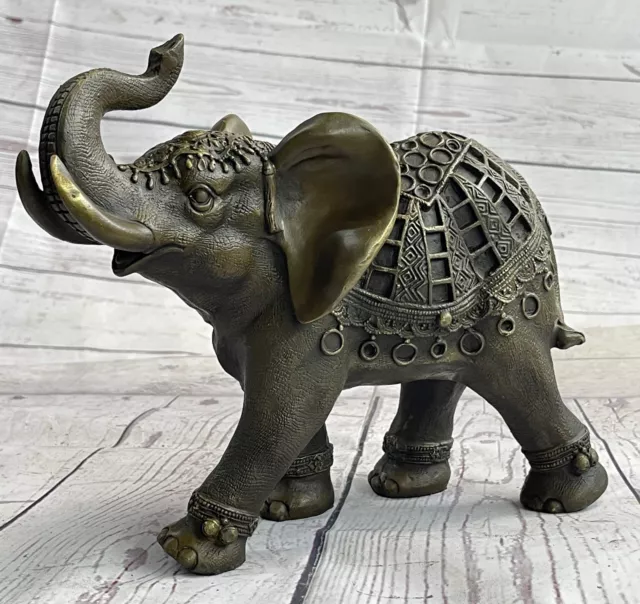 Indian Elephant Bronze Metal Figurine Sculpture Decor Signed Original 8.5" x 12"