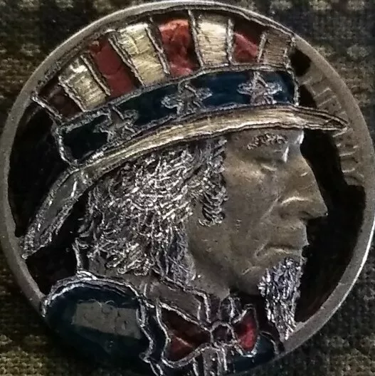 Buffalo Nickel hobo hand carved original by J&M Tarantula Nickel as Uncle Sam