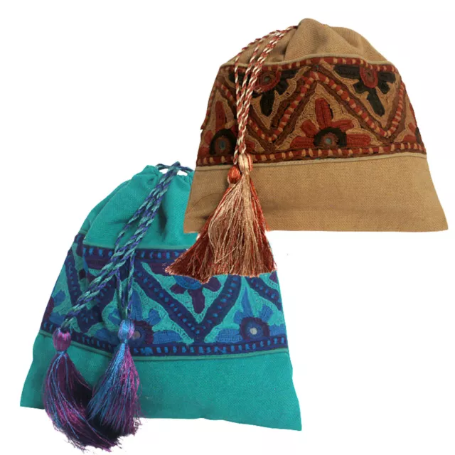 NEW! "Pucca" Embroidered Drawstring Bag Handmade in Pakistan Fair Trade