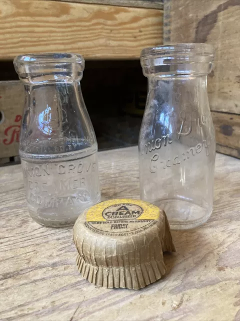 Vintage Half Pint Milk Bottles Union Grove Creamery Chicago Illinois Bottle Cap