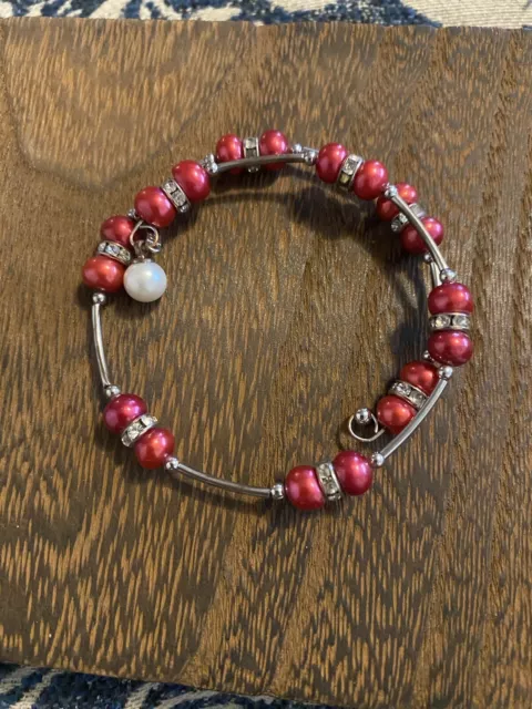 Vantel Pearls Red Wire Wrap Bracelet