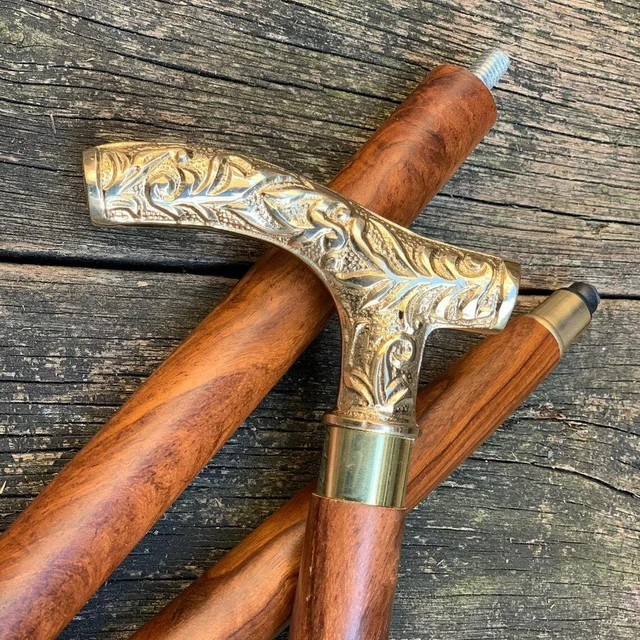 Vintage Wooden Walking Stick , Victorian Solid Brass Head Handle Cane New Gift