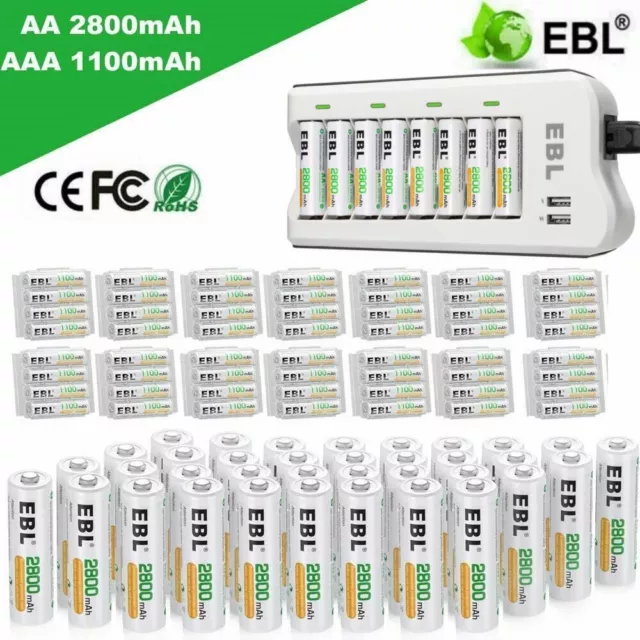 EBL Akkus AA 2800mAh / AAA 1100mAh NI-MH Akku Batterie / 8-Slot LED Ladegerät DE