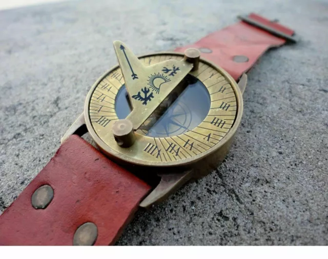 Nautische Sonnenuhr Kompass Armbanduhr Vintage Messing Ledergriff Armbanduhr